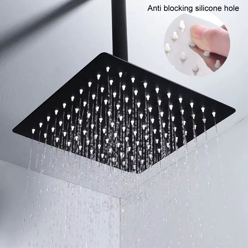 Black 8/10/12 Inch Rainfall Shower Head Stainless Steel Square Rain Shower Head Pressurized Big Shower Head