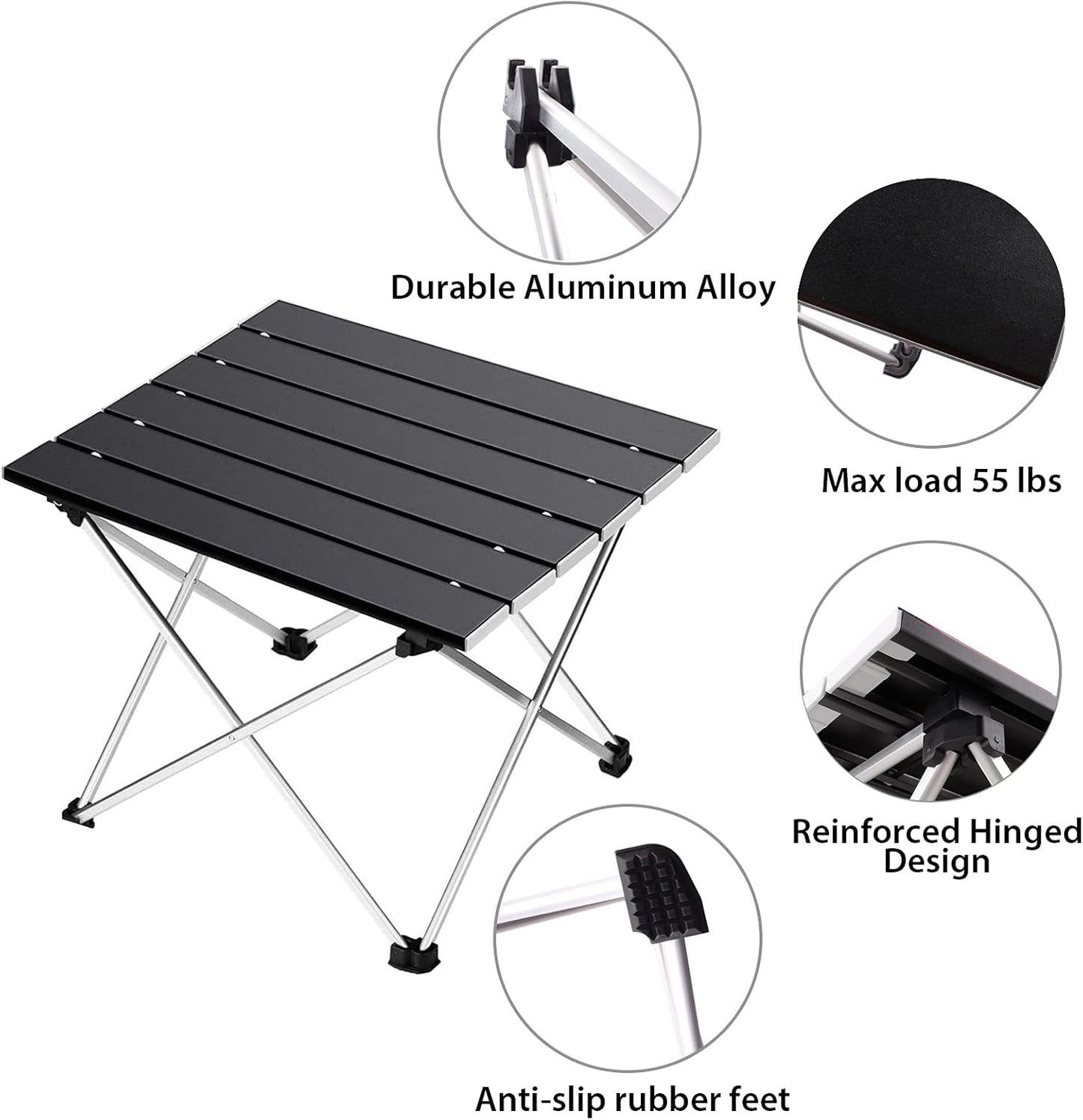 Portable Camping Table,Folding Side Table Aluminum Top for Outdoor Cooking, Hiking, Travel, Picnic (Small, Black)