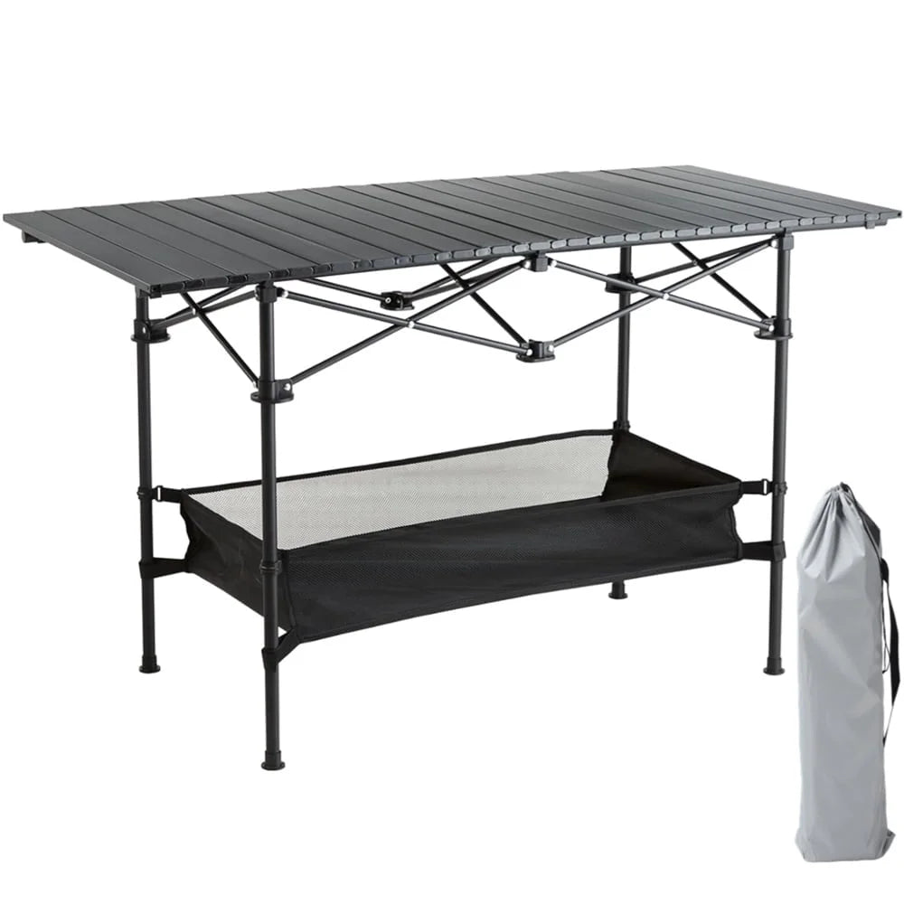 Camping Table with Carry Bag, Folding Camping Table with Storage, Carbon Steel Roll up Table with Adjustable Height, Portable Picnic Table for Outdoor Camping Travel Backyard BBQ Patio Beach