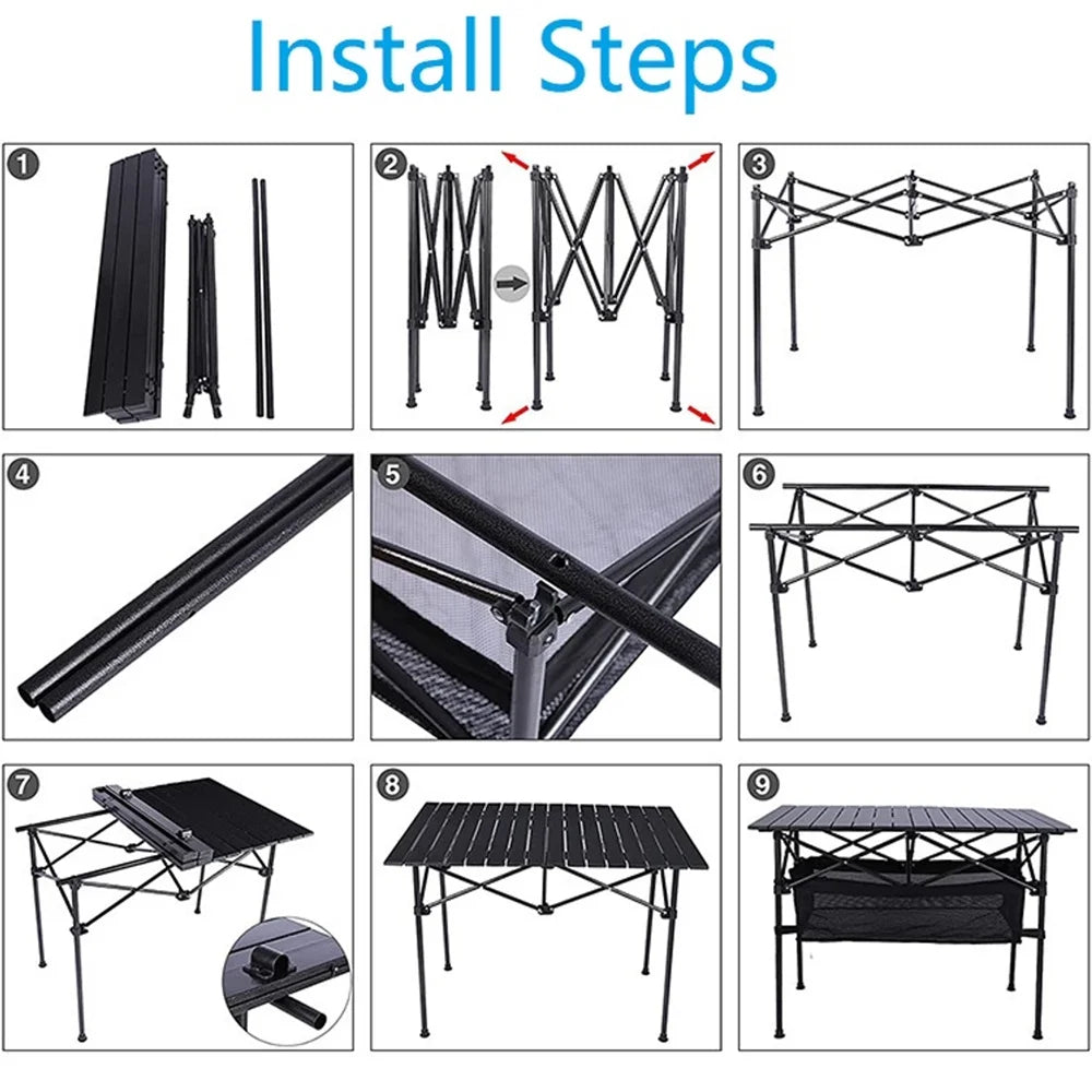 Camping Table with Carry Bag, Folding Camping Table with Storage, Carbon Steel Roll up Table with Adjustable Height, Portable Picnic Table for Outdoor Camping Travel Backyard BBQ Patio Beach