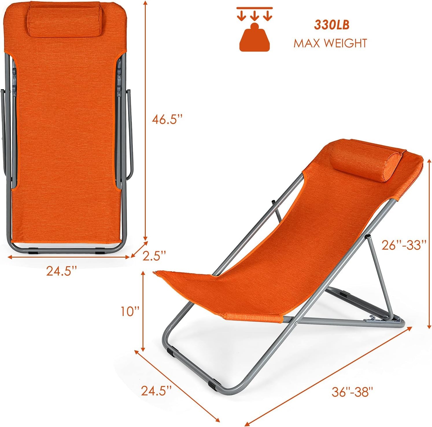 Beach Chair for Adults Camping Chair Set, Sunbathing Backpack Folding Recliner with 3 Adjustable Position, Lockable System, Headrest, Non-Slip Foot Pads, Lightweight Sand Chair (4, Orange)