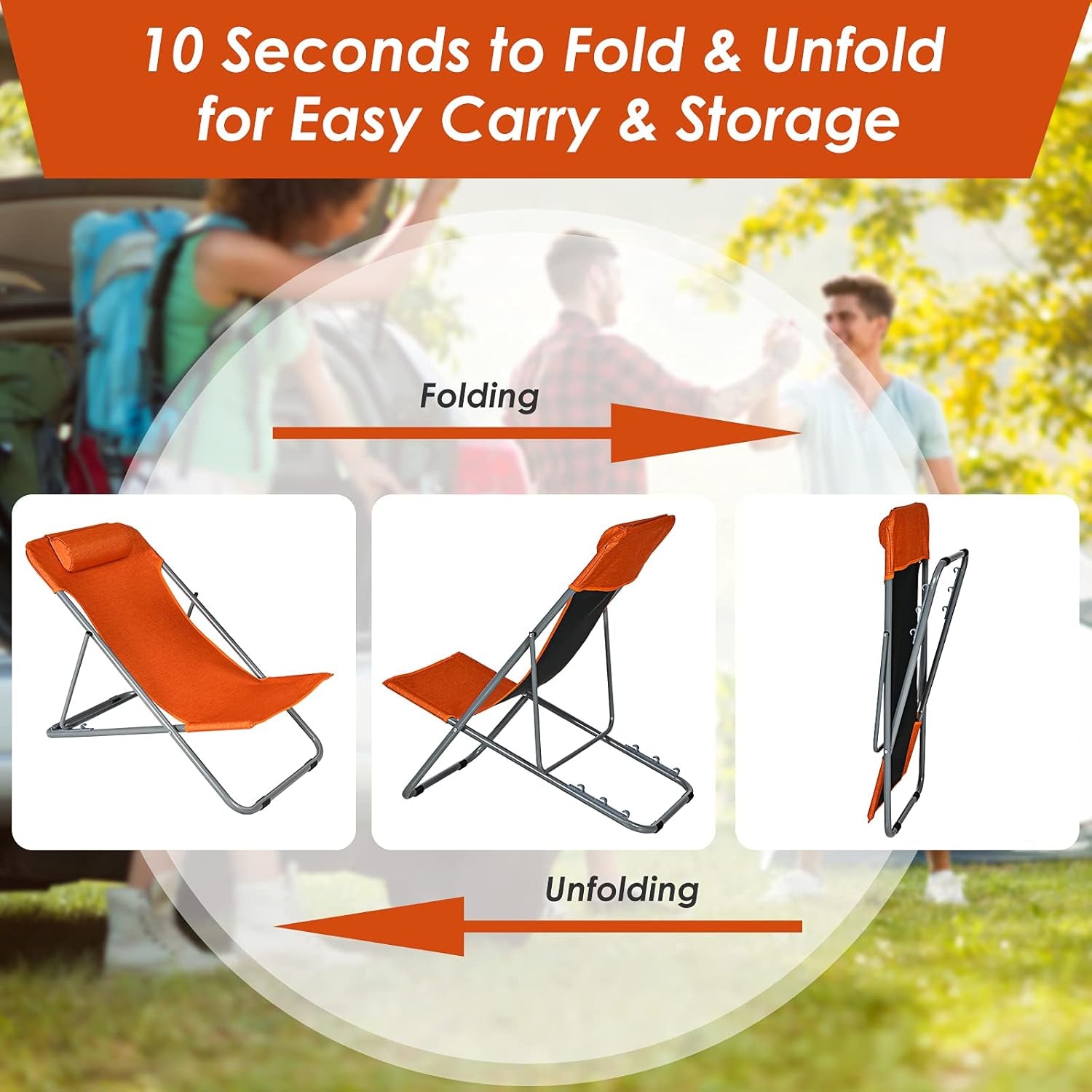 Beach Chair for Adults Camping Chair Set, Sunbathing Backpack Folding Recliner with 3 Adjustable Position, Lockable System, Headrest, Non-Slip Foot Pads, Lightweight Sand Chair (4, Orange)