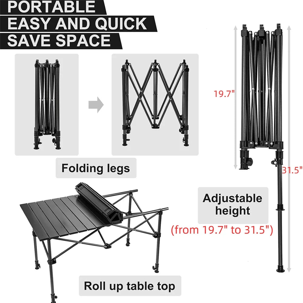 Camping Table with Carry Bag, Folding Camping Table with Storage, Carbon Steel Roll up Table with Adjustable Height, Portable Picnic Table for Outdoor Camping Travel Backyard BBQ Patio Beach