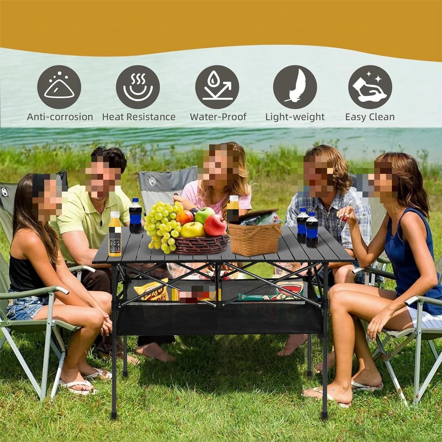 Camping Table with Carry Bag, Folding Camping Table with Storage, Carbon Steel Roll up Table with Adjustable Height, Portable Picnic Table for Outdoor Camping Travel Backyard BBQ Patio Beach