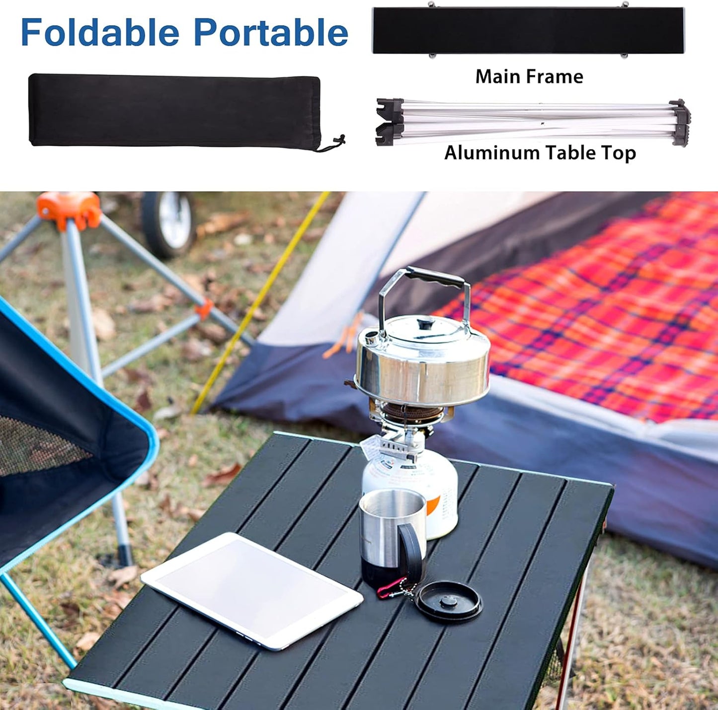 Portable Camping Table,Folding Side Table Aluminum Top for Outdoor Cooking, Hiking, Travel, Picnic (Small, Black)