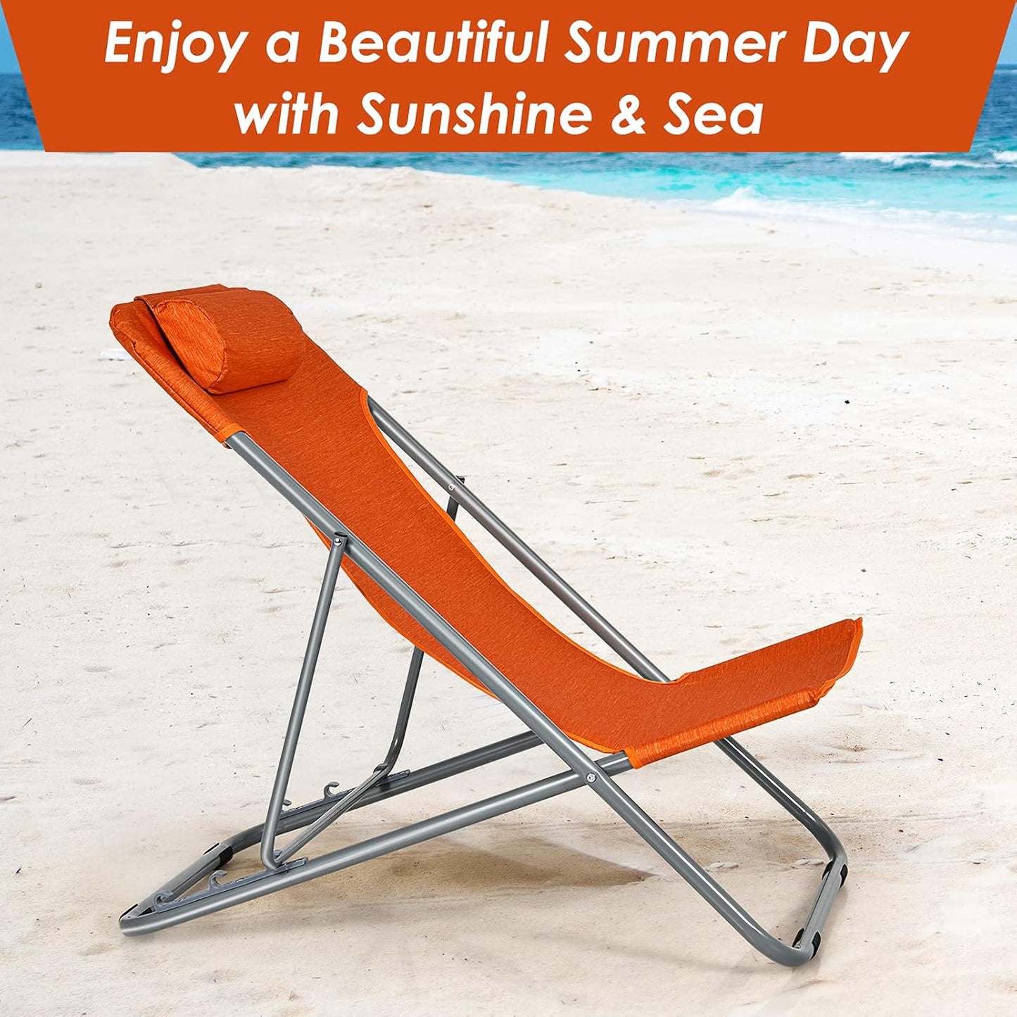 Beach Chair for Adults Camping Chair Set, Sunbathing Backpack Folding Recliner with 3 Adjustable Position, Lockable System, Headrest, Non-Slip Foot Pads, Lightweight Sand Chair (4, Orange)